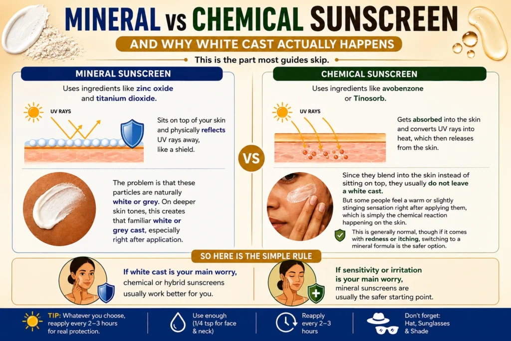 Mineral vs Chemical Sunscreen, and Why White Cast Actually Happens