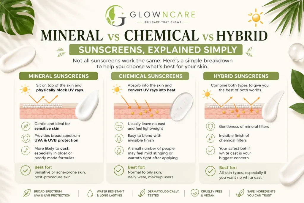 Mineral vs Chemical vs Hybrid Sunscreens, Explained Simply